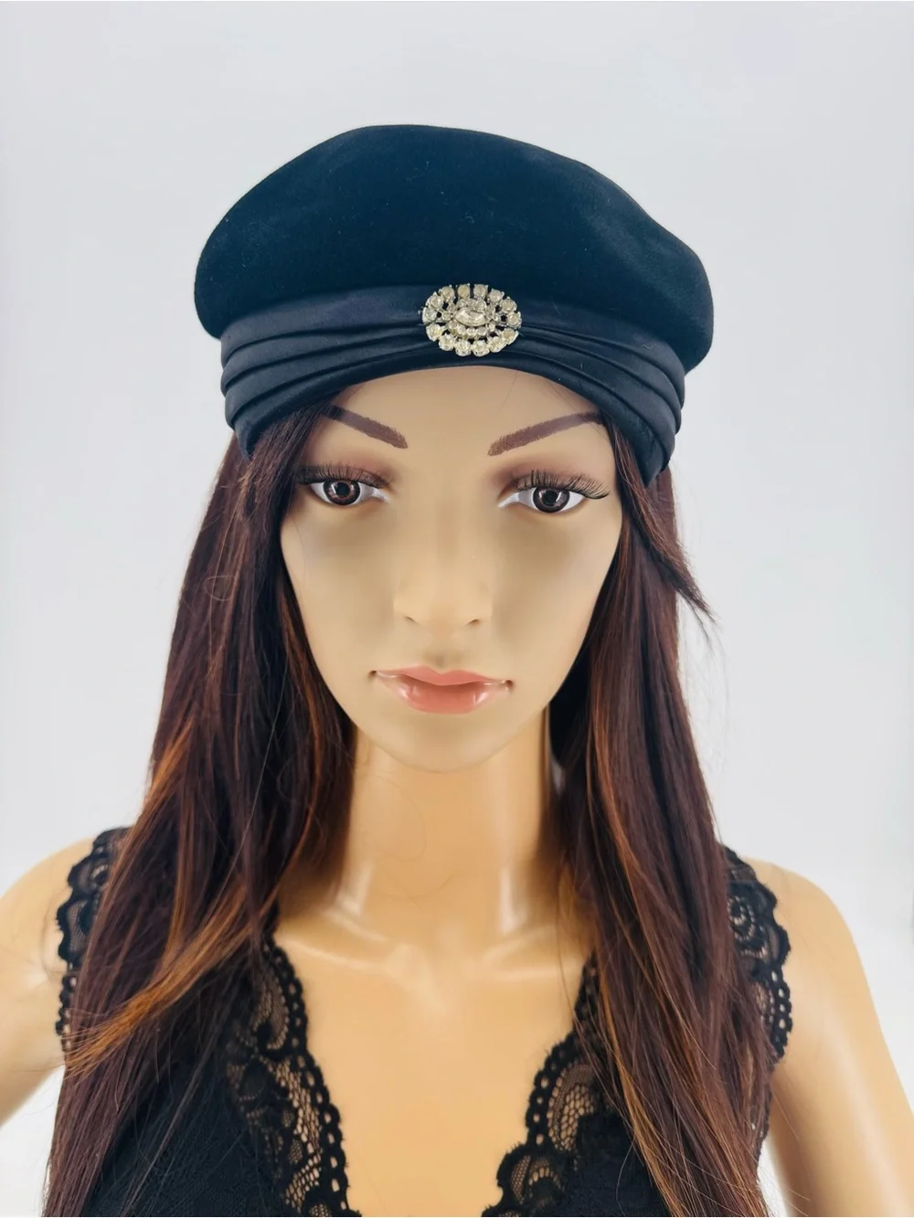 Vintage 50s Mid Century Art Deco Velour Satin Rhinestone Evening Juliet Cap Hat